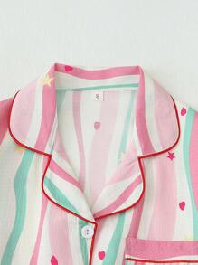 Bộ đồ ngủ 2 món cho nữ, áo ngắn tay cài nút cổ bẻ dễ thương và quần short, đồ ngủ thường ngày mùa hè, bộ đồ hai mảnh - Hồng - Xem 3