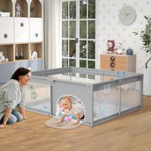 Froadp Baby Playpen 127x127cm/150x180cm/180x200cm Baby Playpen With 50 Play Balls, 1 Activity Grid And 4 Pull Rings Portable Small Playpen For Children, Blue Animals/Grey Spacer - Xám - Xem 7