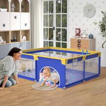 Froadp Baby Playpen 127x127cm/150x180cm/180x200cm Baby Playpen With 50 Play Balls, 1 Activity Grid And 4 Pull Rings Portable Small Playpen For Children, Blue Animals/Grey Spacer - Màu xanh lam - Xem 6