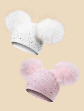 1 pezzo Berretto a maglia unisex per neonati con due pon pon, di colore tinta unita con strass, per tenerezza quotidiana, 1-3 anni