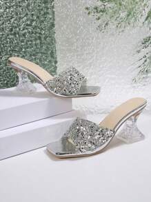 Women's Summer New Rhinestone Embellished High Heel Slippers, Silver Glitter Decorated Stilettos, Fashionable Asymmetric Crystal Heel Sandals, Suitable For Various Occasions And Outfits