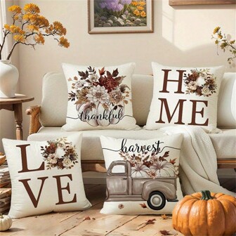 4pcs Autumn Thanksgiving Peach Velvet Pillow Covers, LOVE HOME Tree Trunk Pumpkin Autumn Decorative Cushion Covers, Farmhouse Thanksgiving Home Decor, Suitable For Sofa Living Room Outdoor, 4pcs Without Pillow Inserts Gifts Birthday Graduation