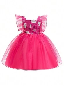 女婴紫红色薄纱公主裙，适合万圣节派对 - 玫紅色 - 查看 5