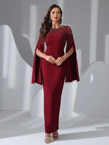 女式串珠优雅超长袖阿拉伯风格连衣裙 - 酒紅色 - 查看 3