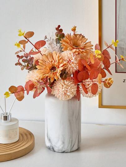 1 Bunch Artificial Flowers Mixed Silk Dandelion Eucalyptus Chrysanthemum Flower Bouquets Fake Flowers For Fall Decor Home Wedding Room Decor Table Centerpieces, Valentine Day, Gift,Fall Decor,Autumn