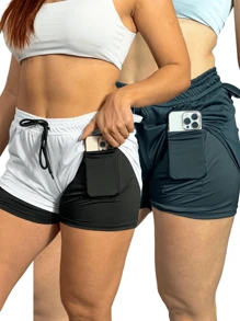 Women's 2 In 1 Shorts Men's Gym Running Workout Shorts With Elastane - Black and White - View 1