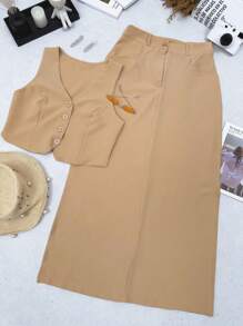 Conjunto Colete e Saia Longa Alfaiataria - Caqui - Visão 1