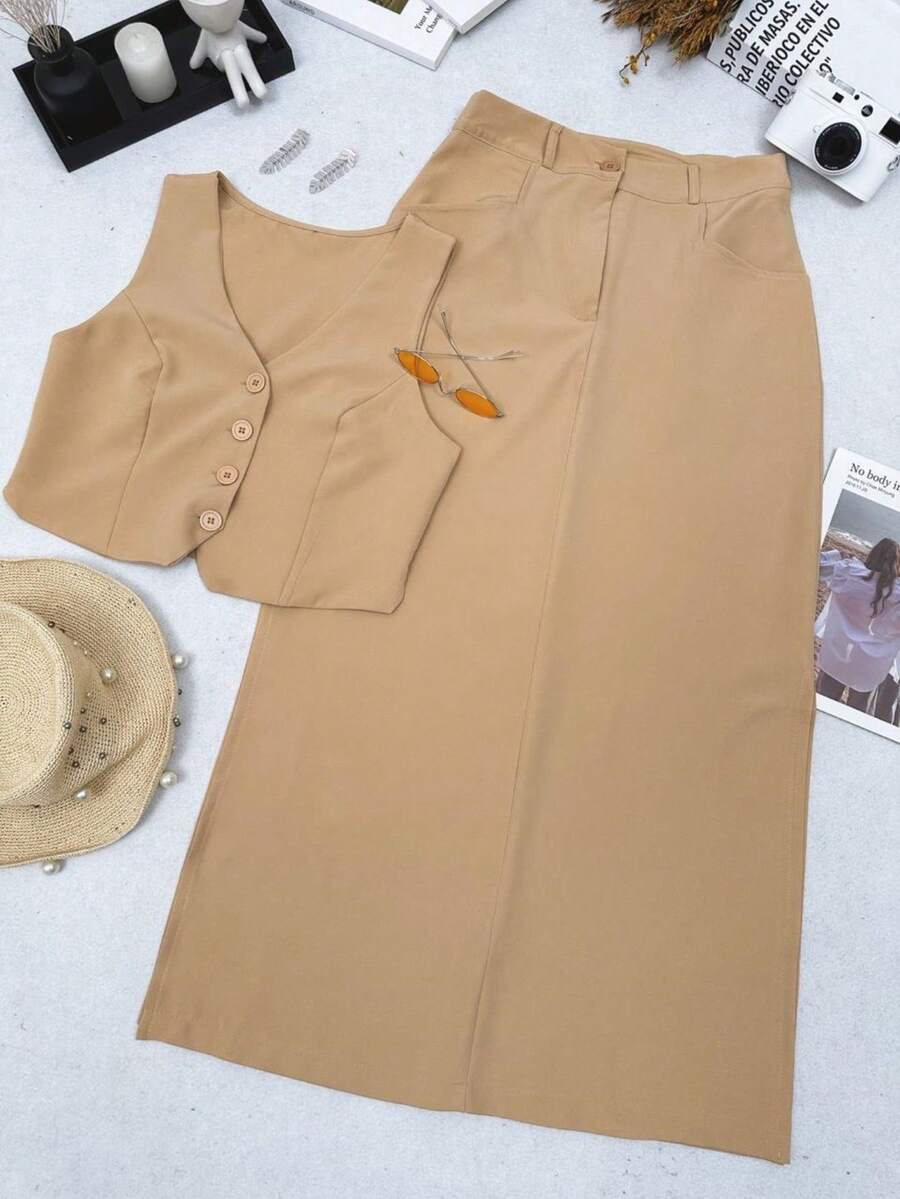 Conjunto Colete e Saia Longa Alfaiataria - Caqui - Visão 1