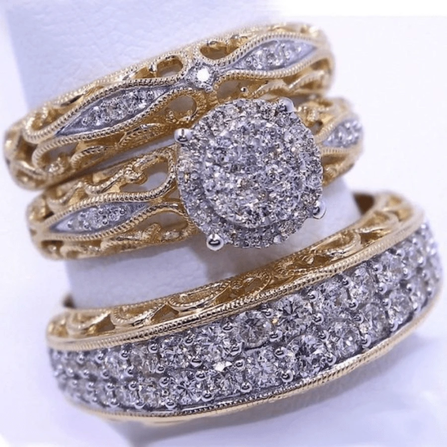 3 peças Anéis Empilháveis em Estilo Minimalista, Revestimento de Ouro 14k com Zircônia Cravejada, Anel de Noivado/Casamento, Decoração para Festa da Noite, Joias de Luxo - Dourado - Visão 1