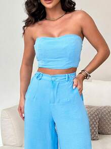 Women's Set High Waisted Wide Leg Pants And Cropped Top In Duna - Màu xanh nhạt - Xem 6