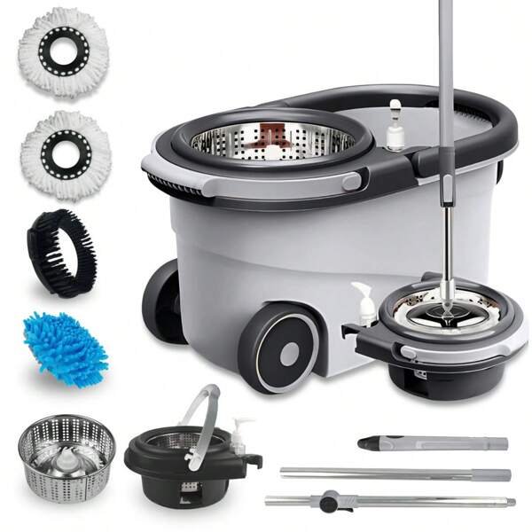 NYBC Mop Giratório Com Cesto Em Inox - Cabo 150cm - Completo Cinza - NYBC