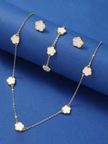 Juego de joyería de 4 piezas de acero inoxidable con flor de 5 pétalos: 1 collar + 1 pulsera + 2 aretes, accesorios de moda elegantes para mujeres, San Valentín, mamá, madre, Día de la Madre, regalo