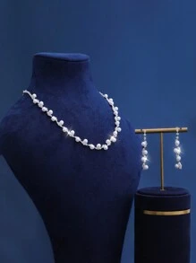 1条项链+1对耳环+1条手链，优雅钻石珍珠首饰套装，适合女性日常佩戴、婚礼、派对及其他场合。 - 白色 - 查看 11