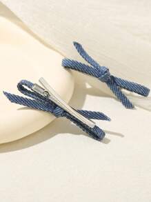 4pcs Y2K Style Jeans Fabric Bow Hairclips For Girls Side Bangs And Braids - Multicolor - View 3