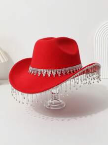 1 peça chapéu de cowboy ocidental feminino com coroa brilhante de cor sólida, franjas, strass falso, para uso casual, festa, casamento, festival de Halloween