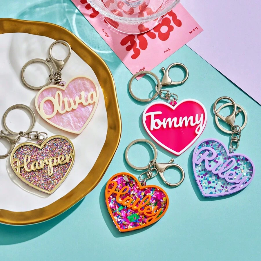 Customized Heart-Shaped Acrylic Bag Pendant - Personalized Letter Keychain Bag Charm, Fashionable Accessory For Bags, Keys, Luggage Tags, Ideal Gift For Couples, Friends And Pets, Birthday Present - Multicolor - View 1