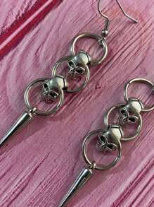 2pcs Gothic Personalized Silver Copper Skull Rivet Round Hoop Earrings, Suitable For Men And Women, Daily Wear, Party, Gathering - Silver - View 2