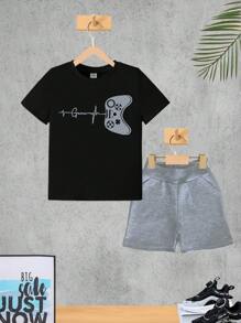 Gray Children's Set B Game Boy T-Shirt And Bermuda Shorts Children's Clothing Male Summer - 黑色 - 查看 1