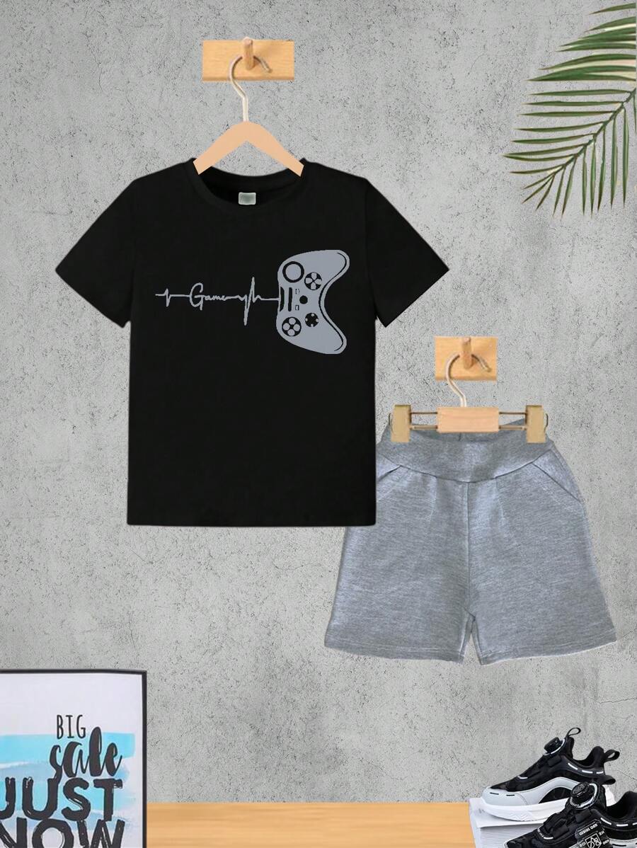 Gray Children's Set B Game Boy T-Shirt And Bermuda Shorts Children's Clothing Male Summer - 黑色 - 查看 1