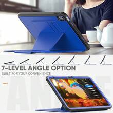 保护套适用于 iPad Mini 4/5/6、iPad 9.7/10.2/10.9、iPad7th/8th/9t/10th、Air4/5/6、Air 11/13 M2 2024、Pro 11/13 M4 2024、优质 TPU+PU 皮革设计、全身防震保护、7 角度可调支架、磁性附件、自动睡眠/唤醒、隐藏式铅笔和卡片夹 - 藍色 - 查看 3