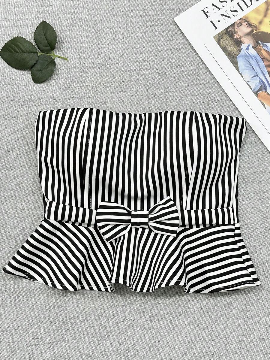 Cropped Top With Striped Tie 2024k - 黑色 - 查看 1