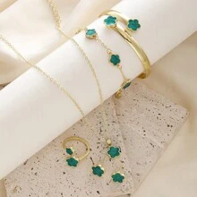 6 pezzi set di gioielli in lega a forma di foglie e quadrifogli per donne - bracciale, collana, orecchini a perno, ciondolo a fiore della fortuna