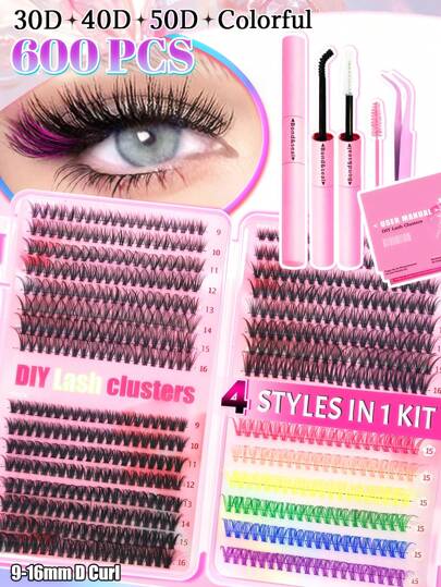 600 件混色 DIY 睫毛延长套装 高容量单根睫毛簇 9-16 毫米混合 D 卷曲 3D 效果自然外观纤细柔软舒适假睫毛持久单根睫毛套装带双睫毛粘合剂和密封剂 & 镊子 & 睫毛刷睫毛书在家适用于日常生活 & 角色扮演 & 约会和派对睫毛簇套装、睫毛、睫毛、假睫毛