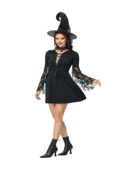1pc Adult Women's Witch Long Sleeve Medieval Dark Gothic Bat Print Halloween Costume Dress