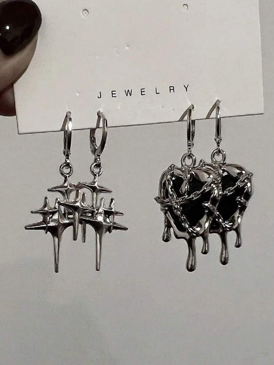 4 件 Y2K 哥特液体心形星形吊坠耳环女式锆石爱心垂坠耳环哥特式不对称流苏耳环情人节、妈妈、母亲、母亲节、礼物 - 黑色 - 查看 1