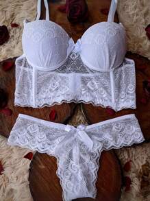 Luxury Lingerie Set Iris Bra And Panties Thong Bra With Padded Cup Thong Panties - 白色 - 查看 1