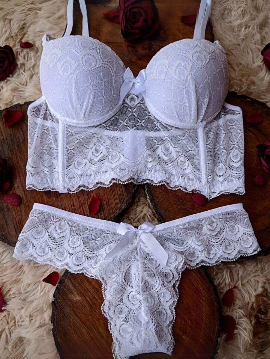 Luxury Lingerie Set Iris Bra And Panties Thong Bra With Padded Cup Thong Panties - 白色 - 查看 1