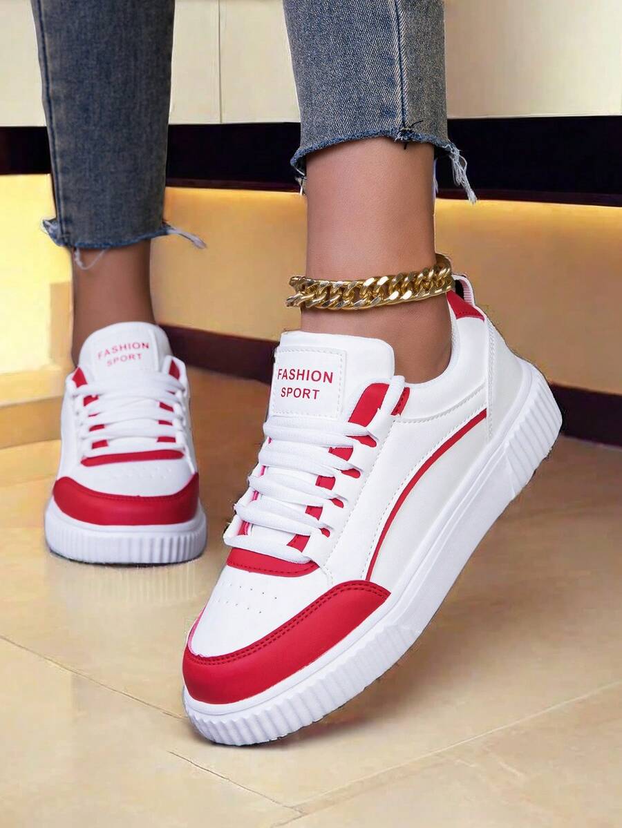 Damen Mode Lässig Leinenschuhe Neue  Klassisch Einzigartiges Kreatives Design College Stil Sneaker Wasserdicht Rutschfest Geruchsresistent Leicht Dicke Sohle Komfortable Arbeit Sport Fitness Wanderschuhe Reise Outdoor Schuhe - weiß rot - Übersicht 1