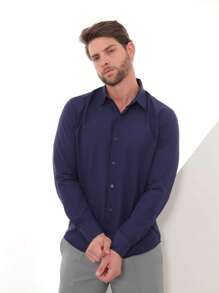 KIT Masculino 2 Peças - Camisa Social Tipo Linho Azul Marinho e Camisa Social Manga Longa Slim Azul Marinho - Azul Marinho - Visão 8