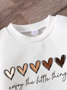 Young Girls Heart & Letter Print Warm Sweatshirt And Cargo Pants Set - Khaki - View 3