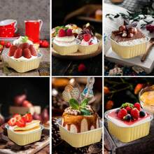 200pcs Baking Cups Aluminum Foil With Lids,5oz Cupcake Mini Cake Pans For Muffins, Desserts, Flans, Pudding&Party Food Display - 黃色 - 查看 4
