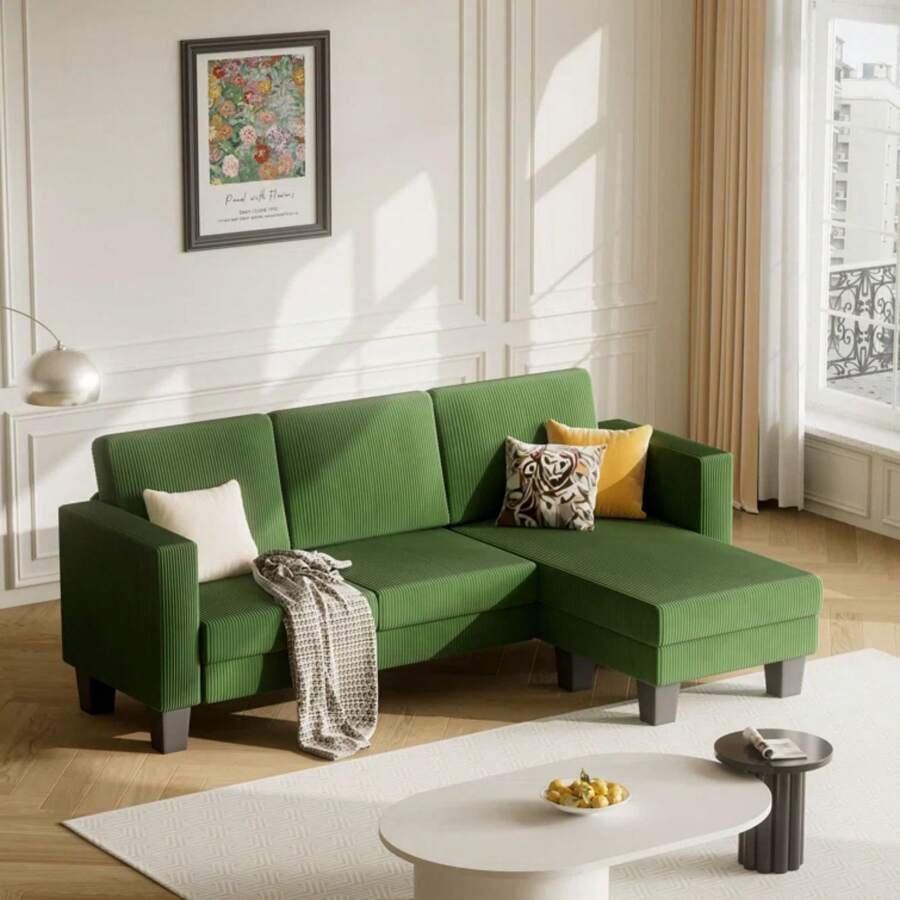 Modern Corduroy Fabric L-Shaped Convertible Sectional Sofa Couch With Reversible Chaise