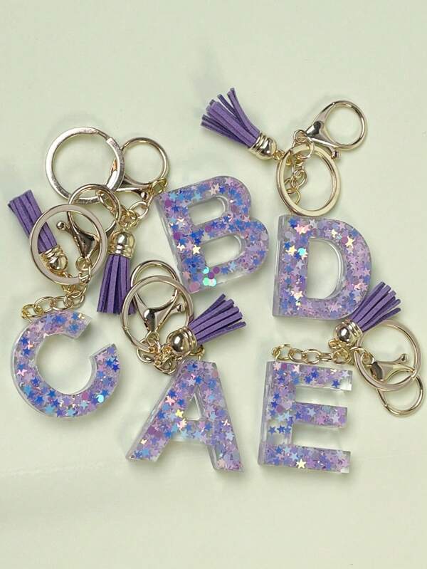1 Piece Of Resin Letter Keychain Jewelry, Handmade Jewelry, Suitable For Women's Bags, Accessories, Charms, Mobile Phone Accessories Shells, Car Pendants, Star Sequins Halloween Car Accessories Bag Charm School Cute Goth Y2k