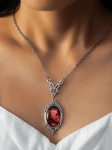 1pc Vintage Gothic Vampire Necklaces Women Blood Red Embossed Quartz Pendant Necklace Dark Hot Girl Necklaces Collar Chain Jewelry