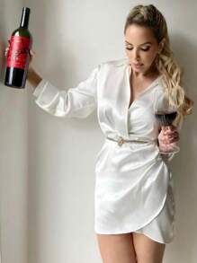 Women Spring Autumn Fall Softness Comfy Satin V Neck Shirt Wrap Mini Dress - White - View 7