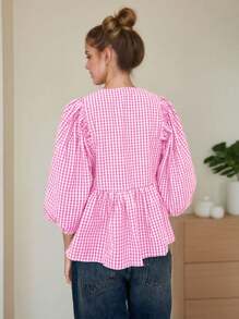 Women's Tie-Front Plaid Ruffle Top Loose Round Neck Three-Quarter Puff Sleeve Shirt Shirt Y2K Going Out Preppy Style Clothing - Hồng - Xem 4
