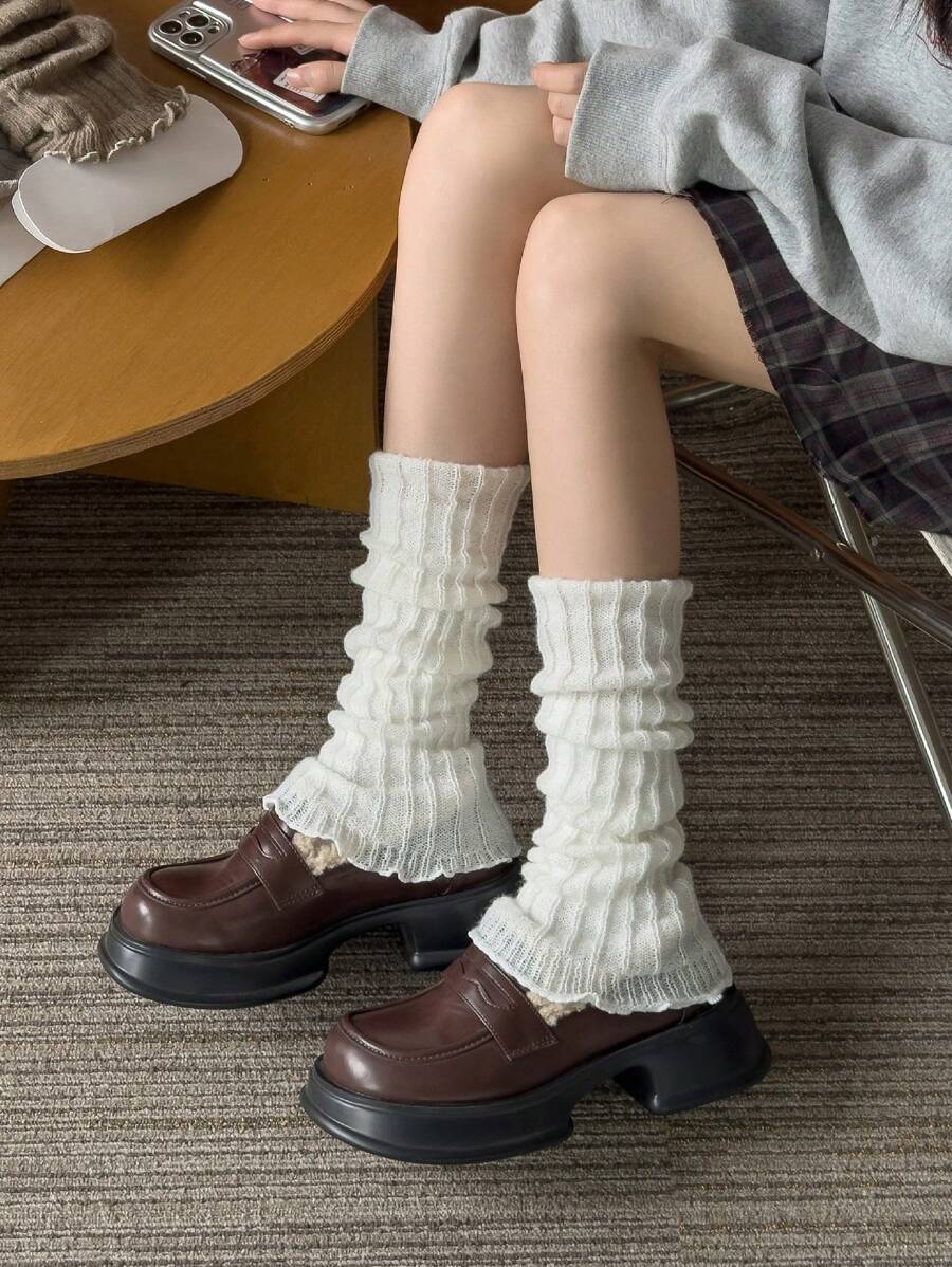 1 Pair Solid Color Leg Warmers, Warm For Winter. Y2K Leg Support, Comfortable And Warm - White - View 1