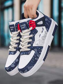 Men's Contrast Color Graffiti Random Print High-Top Casual Sports Shoes, Fashion Letter Patchwork Street Skateboard Shoes, Couple Sneakers