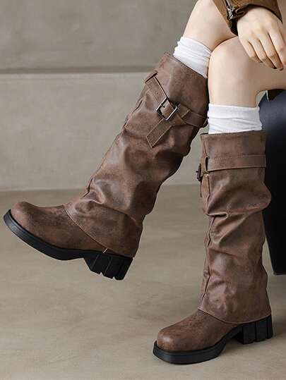 Fall/Winter 2025 2024 New Vintage Mid-Heel Fashion Boots For Women, Distressed Riding Boots With Buckle, Low Heel Cowgirl Boots Square Toe,Brown Boots