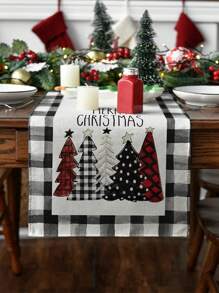 1Pc Linen Christmas Table Runner,Black And White Plaid Merry Christmas Christmas Tree Pattern Table Cloth Table Cover,Home Decor, Table Decor,Christmas Decoration,Xmas Decor,Christmas Party Supplies,Christmas