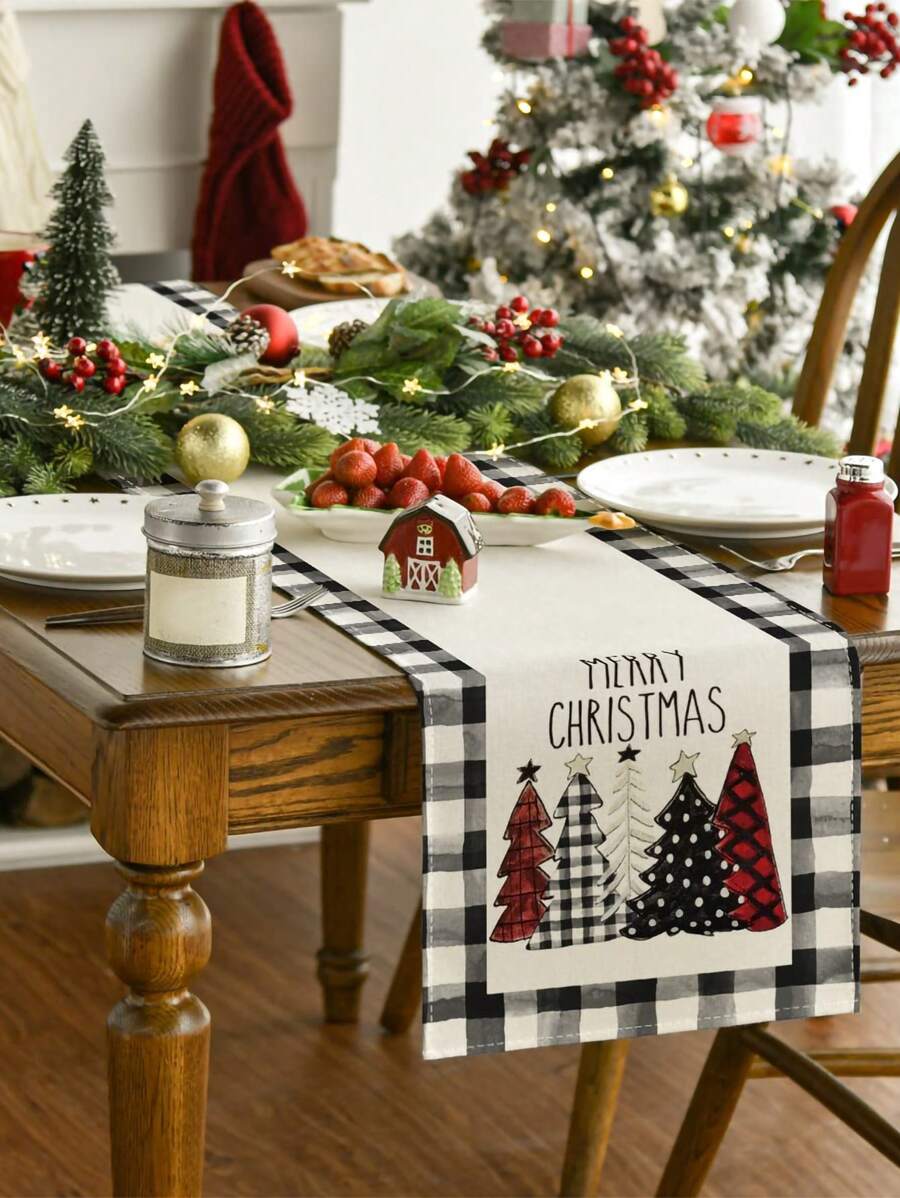 1Pc Linen Christmas Table Runner,Black And White Plaid Merry Christmas Christmas Tree Pattern Table Cloth Table Cover,Home Decor, Table Decor,Christmas Decoration,Xmas Decor,Christmas Party Supplies,Christmas