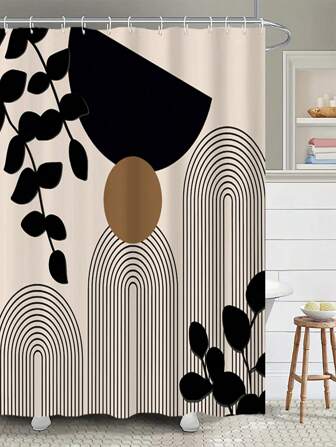 Juego de cortina de ducha minimalista con diseño geométrico abstracto y patrón de hojas modernas - Decoración de baño resistente al agua de poliéster con 12 ganchos de plástico - Lavable a máquina, cortina tejida, diseño inspirado en el arte, accesorios de baño de otoño, de vuelta a la escuela