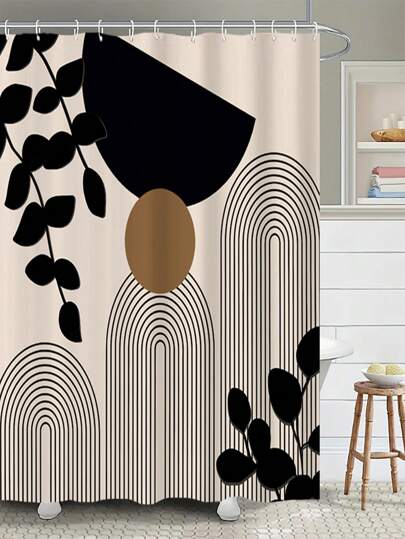 抽象几何极简主义浴帘套装，现代叶子图案 - 防水涤纶浴室装饰，带 12 个塑料挂钩 - 可机洗，编织窗帘，艺术灵感设计，秋季装饰浴室配件返校