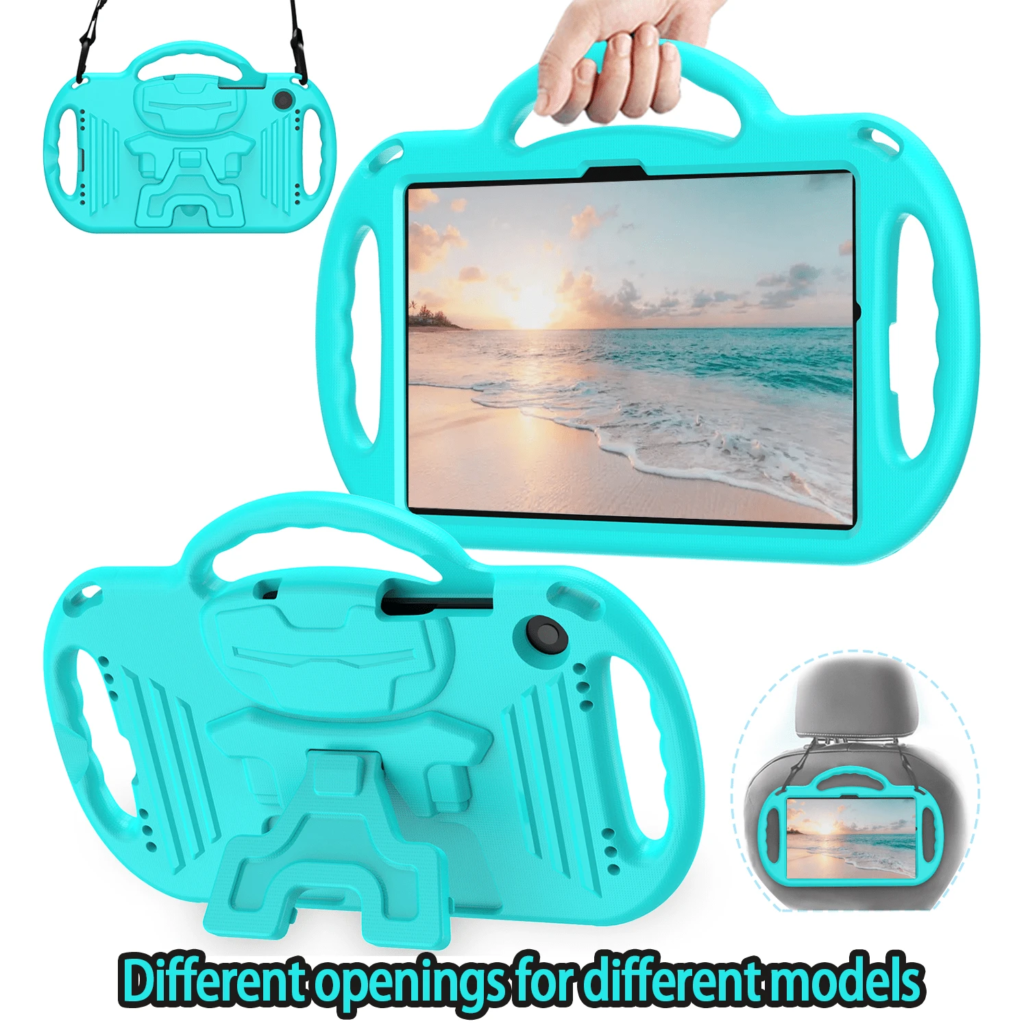 EVA Case With Shoulder Strap, Shockproof Handle Stand And Cartoon Pattern Compatible With IPad 5th/6th/7th/8th/9th/Air4 Generation [9.7inch/10.2inch/10.9inch] &IPad Mini 6th 8.3 Inch And Mini 1st/2nd/3rd/4th/5th Gen 7.9 Inch& Samsung Tablet Galaxy A9/A7 LITE/A9+ 2023/2021 & Fire HD 8 10/12 Gen 8"2020&2022 & Fire HD 10 2023/2021 13/11 Generation/ Fire 7 2022 - Turquoise - View 1