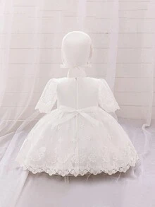 Baby Girls 0-2 Years Old Lace Short Sleeve Mini Dress, White Christening Gown Suitable For Role Play Party - 白色 - 查看 5