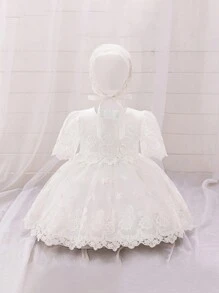Baby Girls 0-2 Years Old Lace Short Sleeve Mini Dress, White Christening Gown Suitable For Role Play Party - 白色 - 查看 3